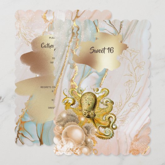 Octopus marine goud elegante Quinceanera partij Kaart (Voorkant / Achterkant)