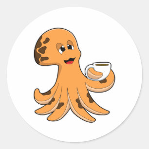 Octopus met beker koffie ronde sticker