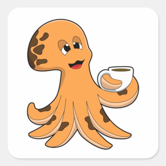 Octopus met beker koffie vierkante sticker (Voorkant)