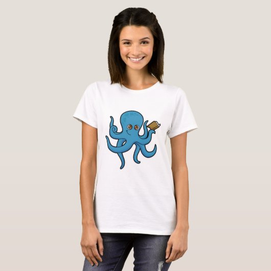 Octopus met boek t-shirt (Voorkant volledig)
