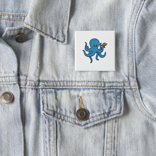 Octopus met boek vierkante button 5,1 cm (In situ)