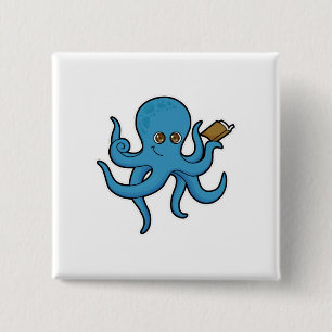 Octopus met boek vierkante button 5,1 cm