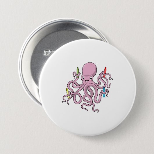 Octopus met Crayon Ronde Button 7,6 Cm (Voorkant /achterkant)