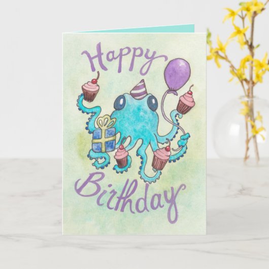 Octopus met Cupcakes Verjaardag Kaart (Gele Bloem)