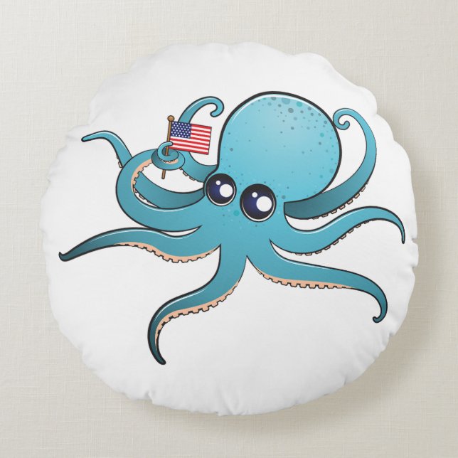 Octopus met de Amerikaanse vlag Rond Kussen (Voorkant)