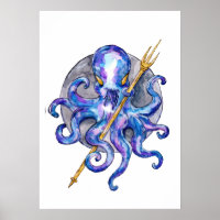 Octopus met Drietand Aquarel