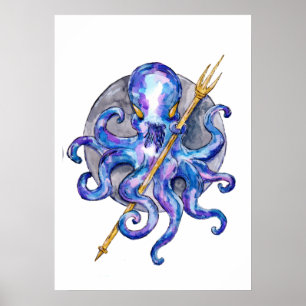 Octopus met Drietand Aquarel Poster