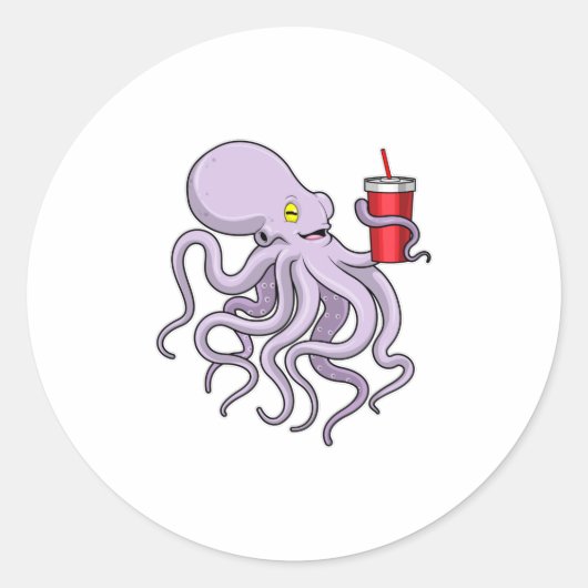Octopus met Drink mok Ronde Sticker (Voorkant)