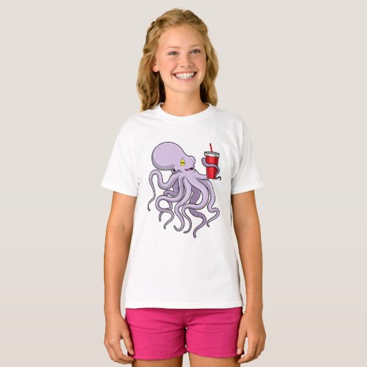 Octopus met Drink mok T-shirt (Voorkant volledig)