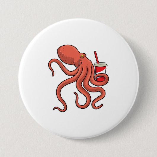 Octopus met Drink Ronde Button 7,6 Cm (Voorkant)