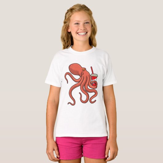 Octopus met Drink T-shirt (Voorkant volledig)