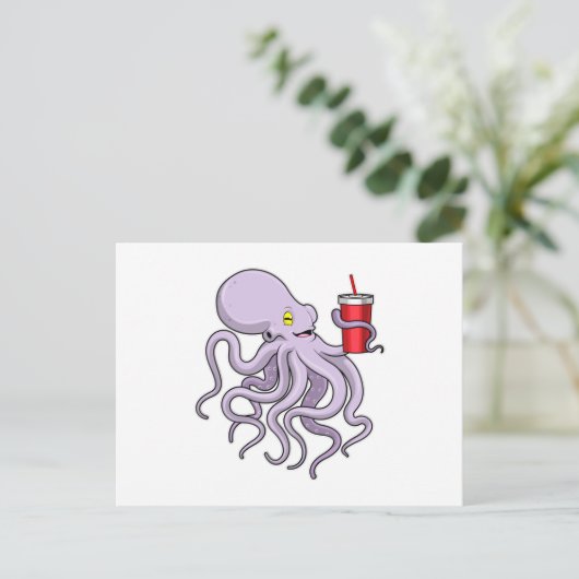 Octopus met drinkbeker briefkaart (Staand voorkant)