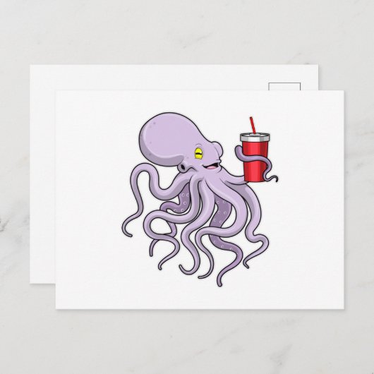 Octopus met drinkbeker briefkaart (Voorkant / Achterkant)