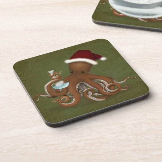 Octopus met glazen fles en kerstmis bier onderzetter (Linkerzijde)
