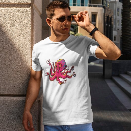 Octopus met koffie-bekertjes t-shirt