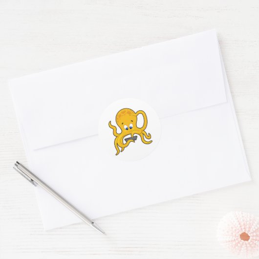 Octopus met laptop ronde sticker (Envelop)
