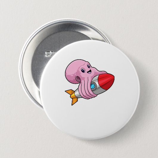 Octopus met Rocket Ronde Button 7,6 Cm (Voorkant /achterkant)