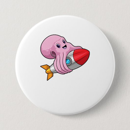 Octopus met Rocket Ronde Button 7,6 Cm (Voorkant)