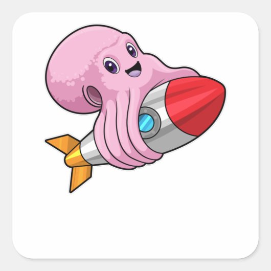 Octopus met Rocket Vierkante Sticker (Voorkant)