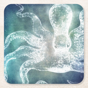 Octopus Midnight Blue Blauwgroen Waterverf  kunst Kartonnen Onderzetters