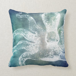 Octopus Midnight Blue Blauwgroen Waterverf  kunst Kussen