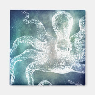 Octopus Midnight Blue Blauwgroen Waterverf kunst Magneet
