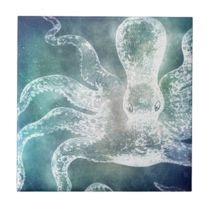 Octopus Midnight Blue Blauwgroen Waterverf  kunst Tegeltje