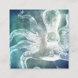 Octopus Midnight Blue Blauwgroen Waterverf  kunst Vierkante Visitekaartje