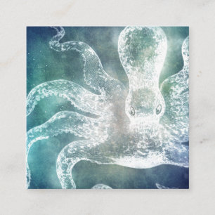 Octopus Midnight Blue Blauwgroen Waterverf  kunst Vierkante Visitekaartje