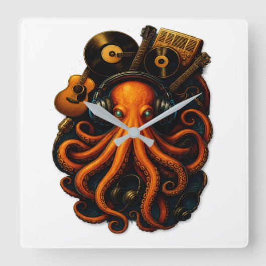 Octopus Muziekklok – Steampunk Art Decor met Vierkante Klok (Voorkant)