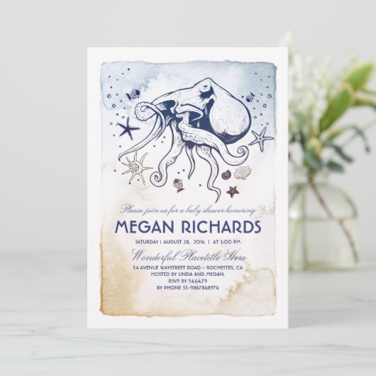 Octopus Nautical Beach Baby shower Kaart (Staand voorkant)