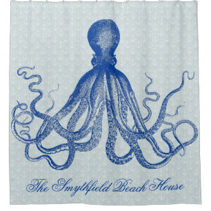  Octopus Nautical Beach House Anchors Blue Douchegordijn