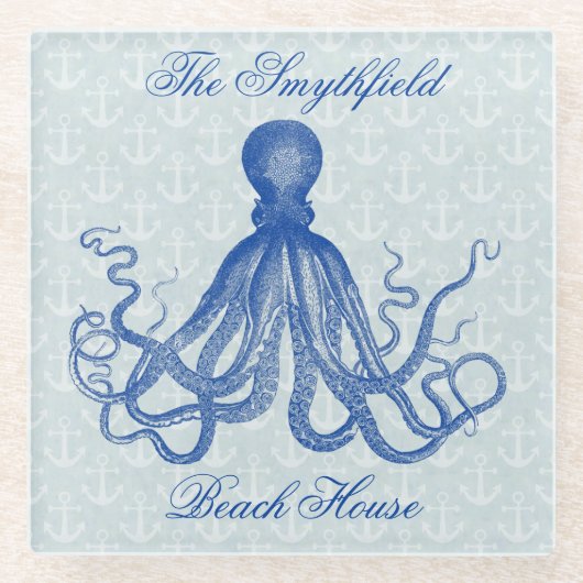 Octopus Nautical Beach House Blue Anchors Glazen Onderzetter (Voorkant)