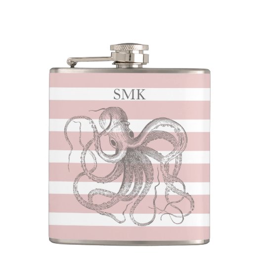 octopus Nautical Pink Stripes Monogram Heupfles (Voorkant)