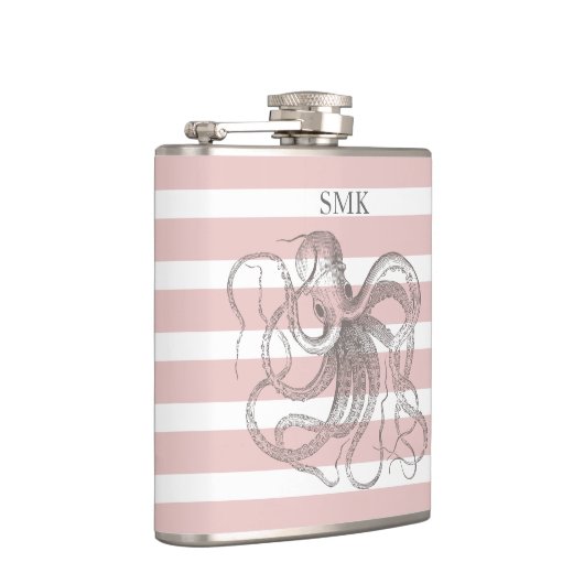 octopus Nautical Pink Stripes Monogram Heupfles (Rechts)