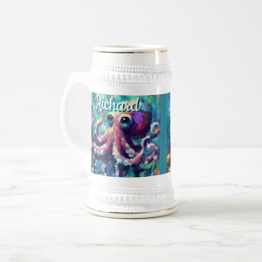 Octopus Nautisch Strand Kust gepersonaliseerd Bierpul (Voorkant links)