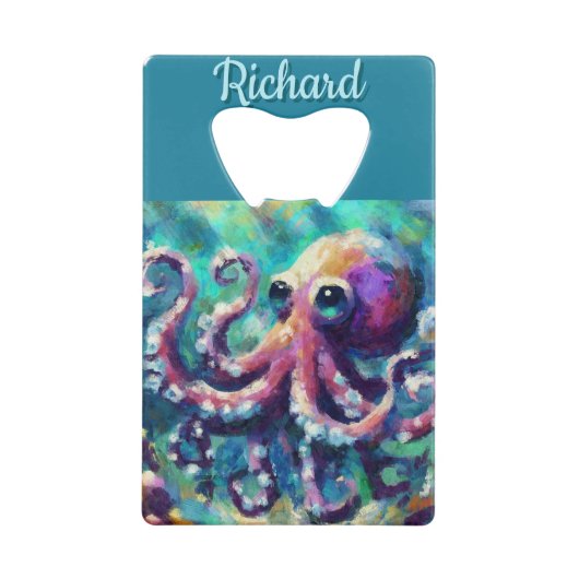 Octopus Nautisch Strand Kust gepersonaliseerd Creditkaart Flessenopener (Voorkant)
