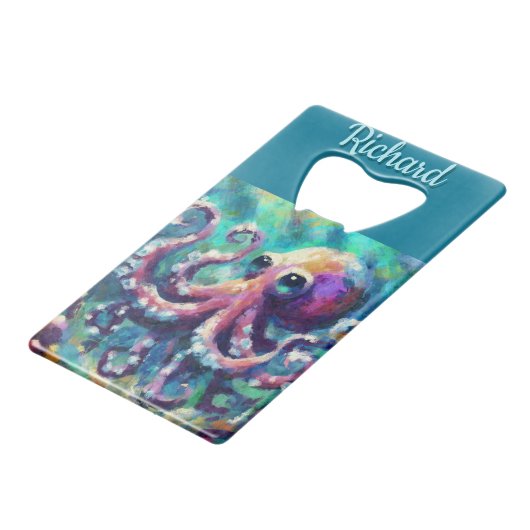 Octopus Nautisch Strand Kust gepersonaliseerd Creditkaart Flessenopener (Voorkant Gekanteld)