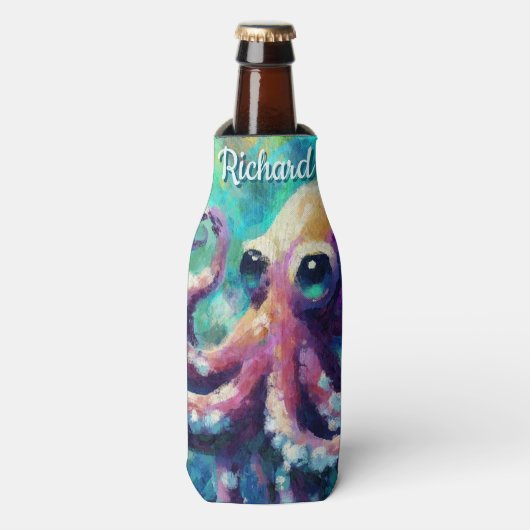 Octopus Nautisch Strand Kust gepersonaliseerd Flesjeskoeler (Fles Voorkant)