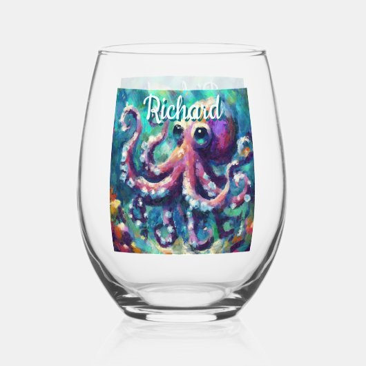 Octopus Nautisch Strand Kust gepersonaliseerd Wijnglas Zonder Voet (Voorkant)