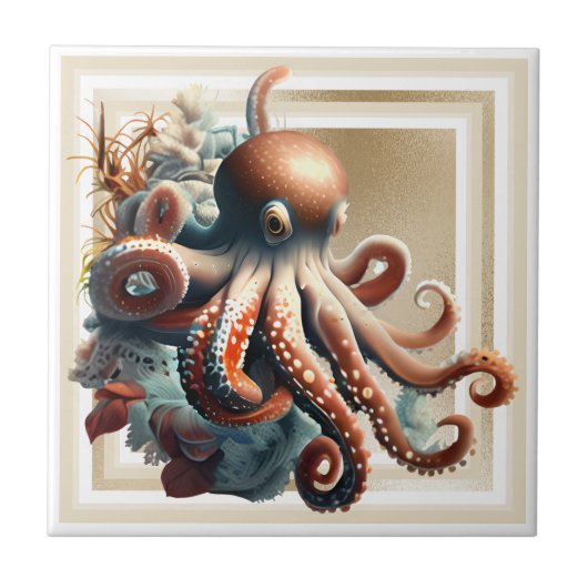 Octopus nautische marine zee gouden sinaasappel gl tegeltje (Voorkant)