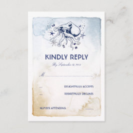 Octopus Nautische Navy Waterverven Wedding RSVP Kaartje