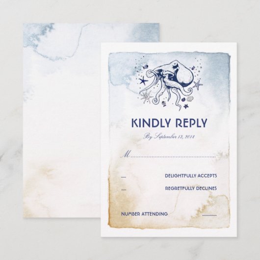 Octopus Nautische Navy Waterverven Wedding RSVP Kaartje (Voorkant / Achterkant)