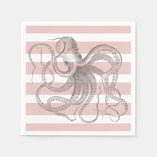  Octopus Nautische Roze Strepen Servet (Voorkant)