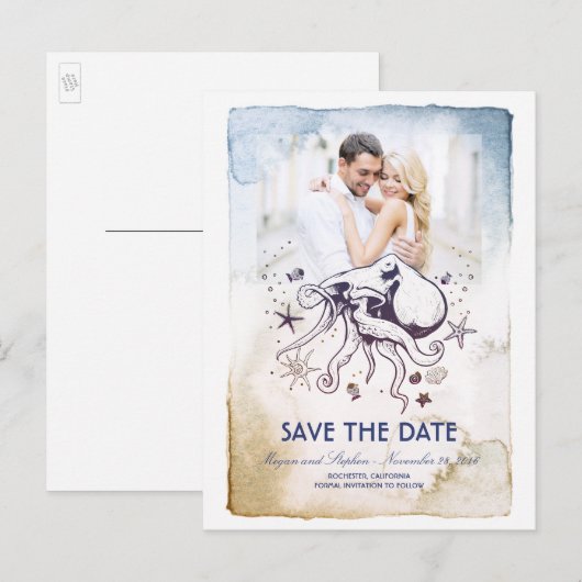 Octopus Nautische Waterverven Foto Sla de Datum op Aankondigingskaart (Voorkant / Achterkant)