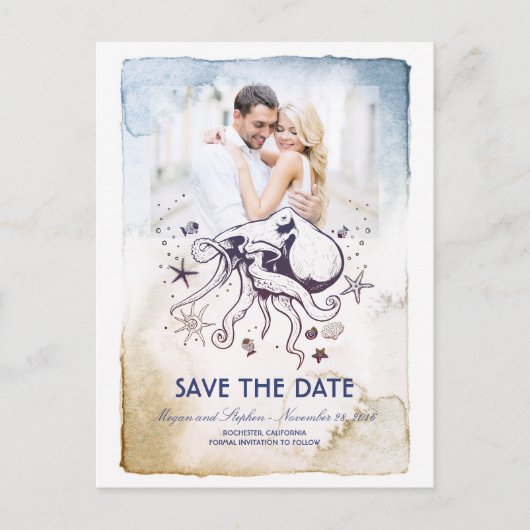 Octopus Nautische Waterverven Foto Sla de Datum op Aankondigingskaart (Voorkant)