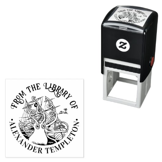 Octopus omwikkeld rond schip #2 Bibliotheek Boek N Zelfinktende Stempel (In situ)