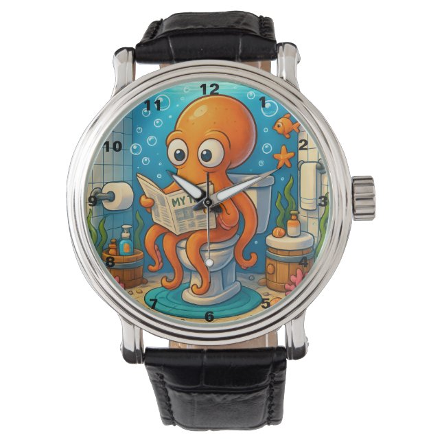 Octopus on Toilet Humorous Funny Bathroom Setting Horloge (Voorkant)