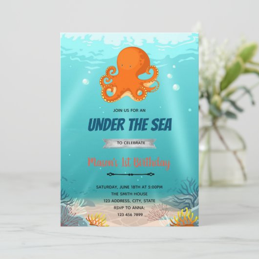 Octopus onder de zee verjaardagsuitnodiging kaart (Staand voorkant)