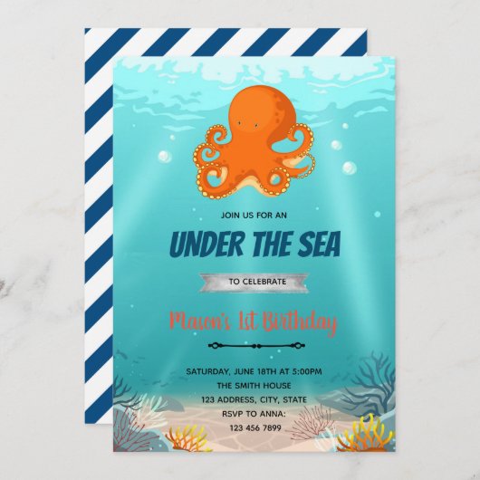 Octopus onder de zee verjaardagsuitnodiging kaart (Voorkant / Achterkant)